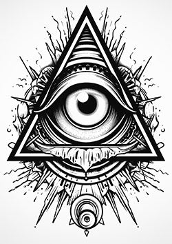 Tattoo template of a mystical all-seeing eye within a triangle surrounded by abstract elements