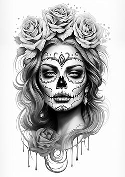 Tattoo template of a woman with Day of the Dead face paint and roses