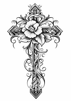 Tattoo template of a cross with a blooming flower design