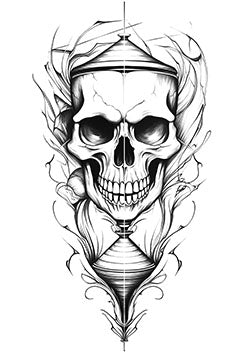 Tattoo template of a skull with an hourglass, emphasizing mortality and the passage of time