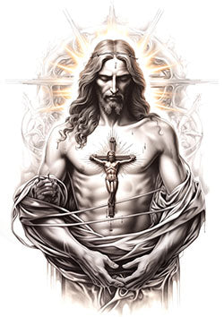 Tattoo template of a divine figure with halo and crucified image on chest, showcasing spiritual depth and artistic details