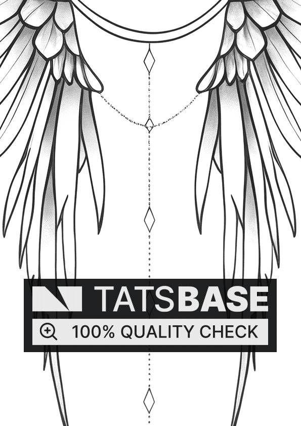 Tattoo template of a pair of angel wings with a hanging ornamental gem