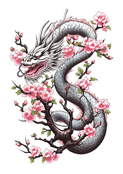 Tattoo template of a dragon with cherry blossoms