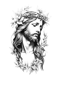 Tattoo template of a serene Christ crowned with lilies and surrounded by branches, symbolizing peace and divinity