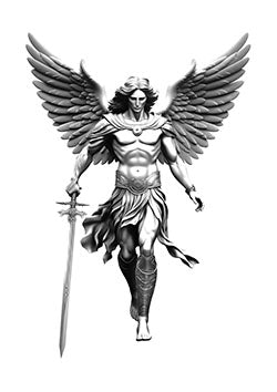 Tattoo template of a powerful archangel with wings and a sword, embodying strength and protection