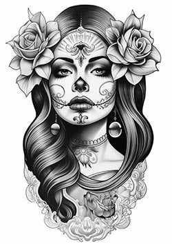 Tattoo template of a stylized woman with floral decorations and Day of the Dead face art