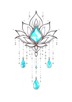 Tattoo template of a lotus flower with a central gem and cascading crystal teardrops