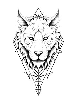 Tattoo template of a geometric lion with a piercing gaze