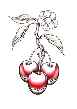 Tattoo template of a cherry blossom branch with vibrant cherries and detailed leaves