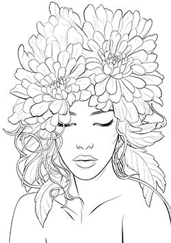 Tattoo template of a serene woman with large blooming flowers in her hair conveying natural beauty