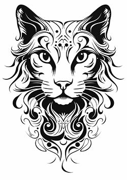 Tattoo template of a stylized cat face with decorative patterns