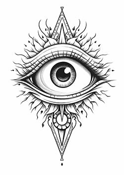 Tattoo template of an ornately detailed eye with symbolic decorations