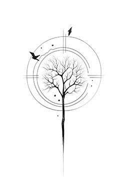 Tattoo template of a tree with birds and geometric elements showing nature's life cycle