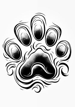 Tattoo template of a black and white paw print with swirling patterns