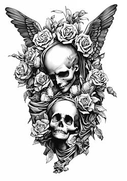 Tattoo template of a skull surrounded by roses with wings