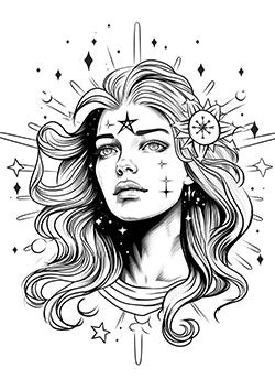 Tattoo template of a celestial woman with flowing hair and stars