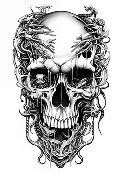 Tattoo template of a surreal skull entangled with mechanical components and wiring