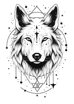 Tattoo template of a geometrically patterned cosmic wolf