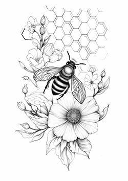 Tattoo template of a bee with flowers and honeycomb elements