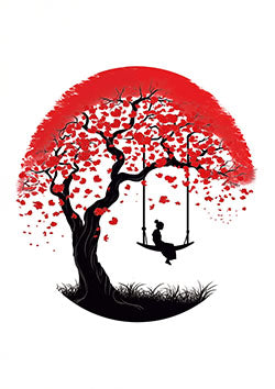 Tattoo template of a girl on a swing beneath a cherry blossom tree