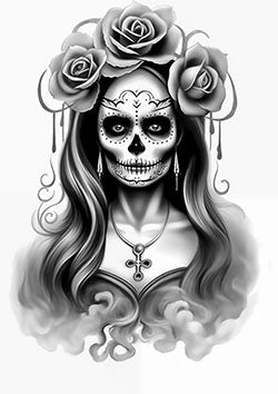 Tattoo template of a Day of the Dead woman with roses and symbolic skull face