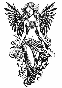 Tattoo template of an angel with wings and flowing robes