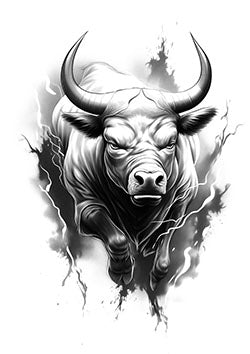 Tattoo template of a fierce bull with lightning