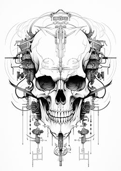 Tattoo template of a surreal skull with intricate machinery integration