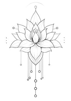 Tattoo template of a lotus flower with geometric elements and dangling adornments