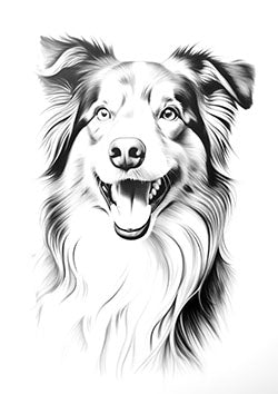 Tattoo template of a joyful Border Collie with expressive eyes and a friendly smile