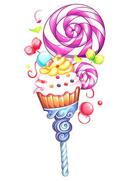 Tattoo template of a vivid candy-themed cupcake and lollipop design in playful colors