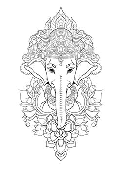 Tattoo template of a detailed Ganesha adorned with jewelry and surrounded by lotus flowers