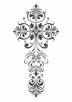 Tattoo template of a symmetric ornate cross with filigree details