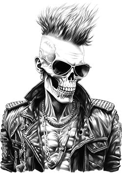 Tattoo template of a skeletal punk with a leather jacket and sunglasses