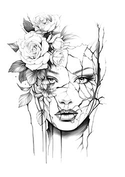 Tattoo template of a woman's face with flowers and cracks emphasizing beauty and resilience