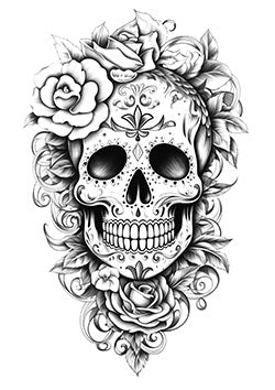 Tattoo template of a detailed sugar skull with surrounding flowers