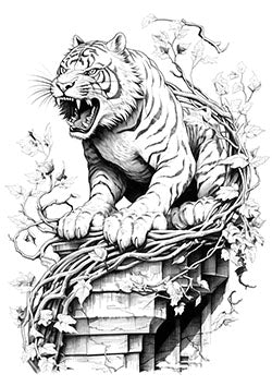 Tattoo template of a fierce tiger on a platform entwined with vines