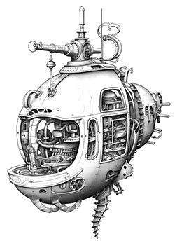 Tattoo template of a detailed retro-futuristic submarine with intricate mechanical components.