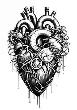 Tattoo template of a mechanical heart with industrial elements