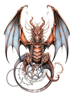 Tattoo template of a powerful dragon with wings and circular background elements