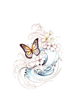 Tattoo template of a butterfly above waves and flowers