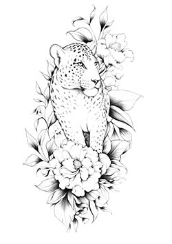 Tattoo template of a leopard surrounded by flowers, combining elegance and strength