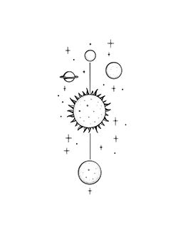 Tattoo template of a minimalist celestial design with sun, planets, and stars