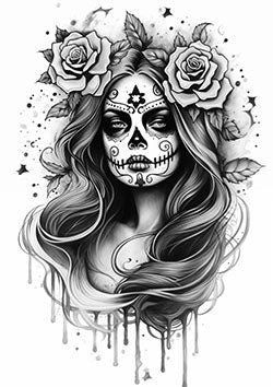 Tattoo template of a La Catrina with roses and intricate face paint