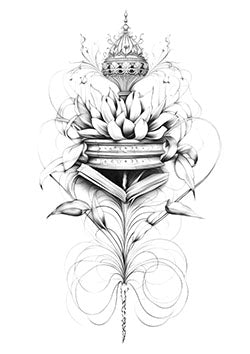 Tattoo template of a crown, lotus, and book design