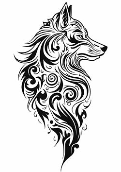 Tattoo template of a tribal wolf with swirling design elements