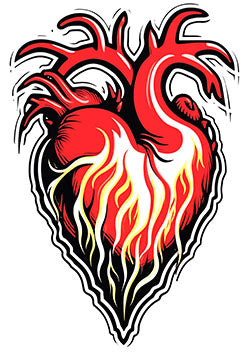 Tattoo template of a vibrant anatomical heart engulfed in dynamic flames