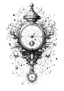 Tattoo template of a baroque clock with decorative swirls and ink splashes