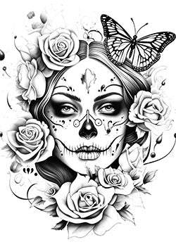 Tattoo template of a woman with Dia de los Muertos makeup, surrounded by roses and a butterfly, blending mystery and beauty.