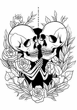 Tattoo template of two skeleton lovers embracing amidst roses and leaves